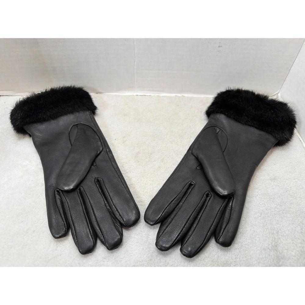 Charter Club Gloves Women Large Black Leather Faux Fur Trim Winter RN17541